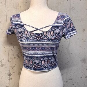 Charlotte Russe Crop Top Womens Small Blue Pink Paisley Tribal Boho Festival